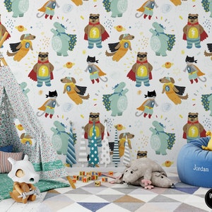 Orso Carta da parati per bambini, Super eroe Animale Bambini Camera da letto Wall Art Mural, Baby & Toddler Nursery Decor, Gender Neutral Playroom, Pre-incollato