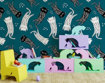 Cat Nursery Wallpaper, Removable Wall Mural Nursery, Custom Nursery Wallpaper, Kids Room Wallpaper, Animal Nursery Decor, Kids Room N#508