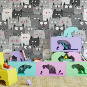 Cat Nursery Wallpaper, Removable Wall Mural Nursery, Custom Nursery Wallpaper, Kids Room Wallpaper, Animal Nursery Decor, Kids Room N#162