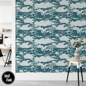 Sky Wallpaper, Removable Clouds Wallpaper, Recycled Water Activated Adhesive Wallpaper, Asian Art Removable Wallpaper Decor, AS08 image 2