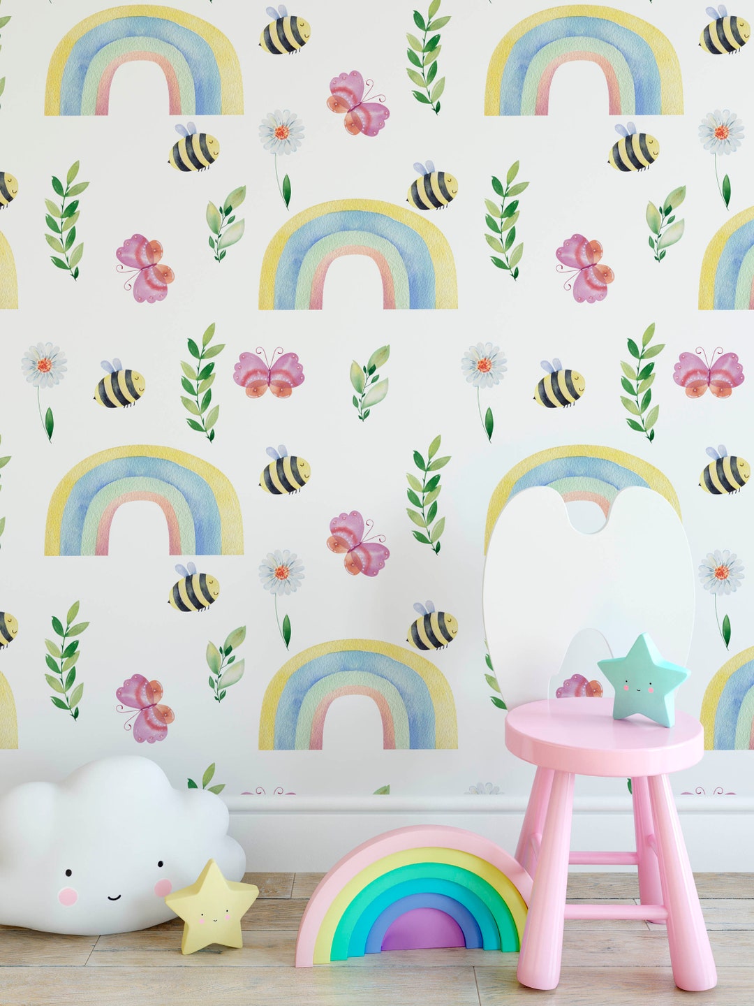 Rainbow Nursery Wallpaper, Boho Nursery, Rainbow Removable Wallpaper ...