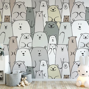 Carta da parati per bambini con orsi, murale decorativo per la camera da letto dei bambini con simpatici animali, decorazione per la cameretta dei bambini e dei neonati, sala giochi gender-neutral, pre-incollata