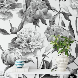 Watercolor Floral Wallpaper, Floral Wallpaper, Removable Floral Wallpaper, Black & White Wallpaper, Monochrome Floral Wallpaper F#81
