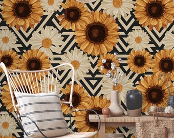 Sunflower Floral Wallpaper, Sunflower Removable Floral Wallpaper, Removable Wallpaper, Sunflowers Stick On Wallpaper, Floral Wallpaper F#54