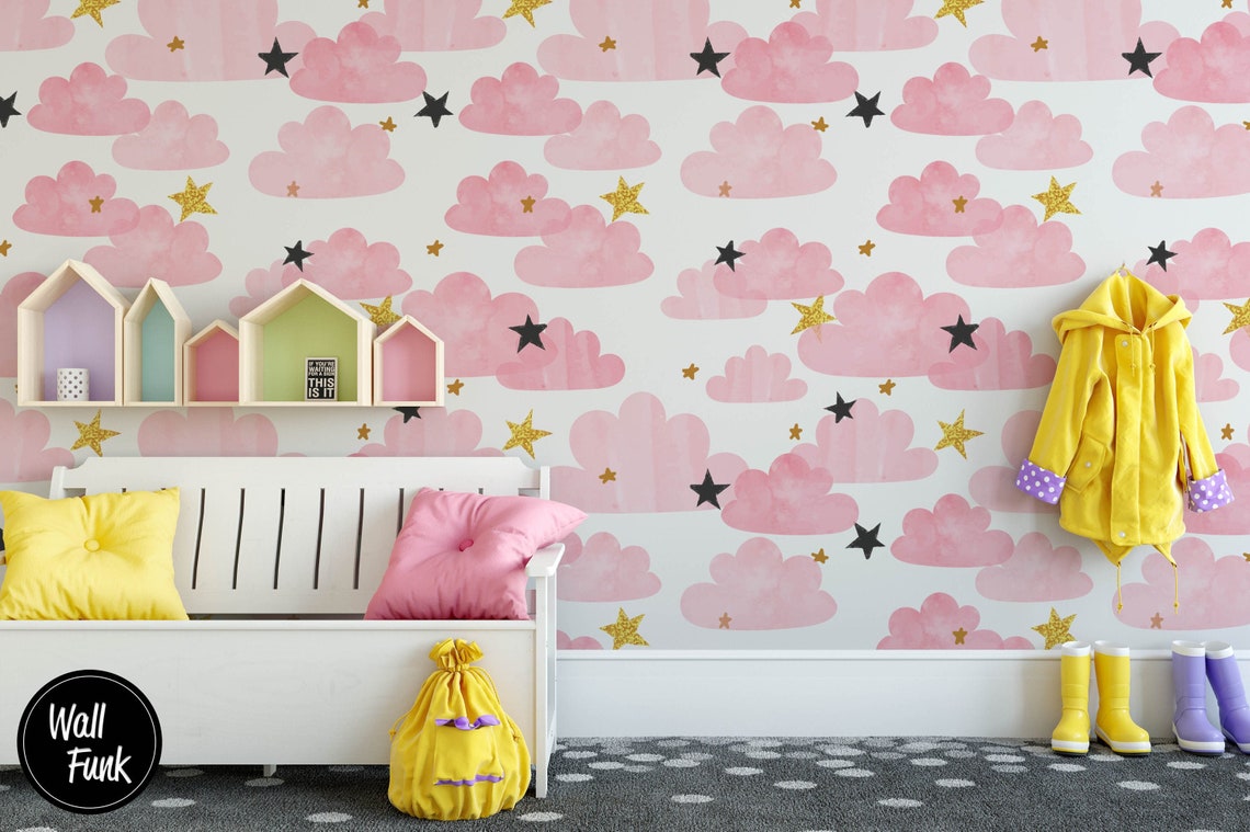 Clouds Nursery Wallpaper Pink Nursery Wallpaper Nursery Etsy