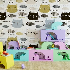 Cat Nursery Wallpaper, Removable Wall Mural Nursery, Custom Nursery Wallpaper, Kids Room Wallpaper, Animal Nursery Decor, Kids Room N#160