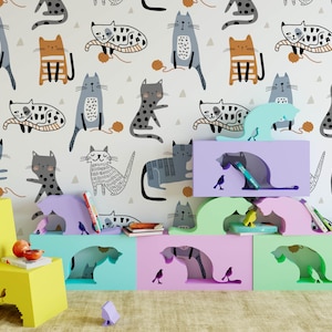 Cats Nursery Wallpaper, Removable Wall Mural Nursery, Custom Nursery Wallpaper, Kids Room Wallpaper, Animal Nursery Decor, Kids Room N#495