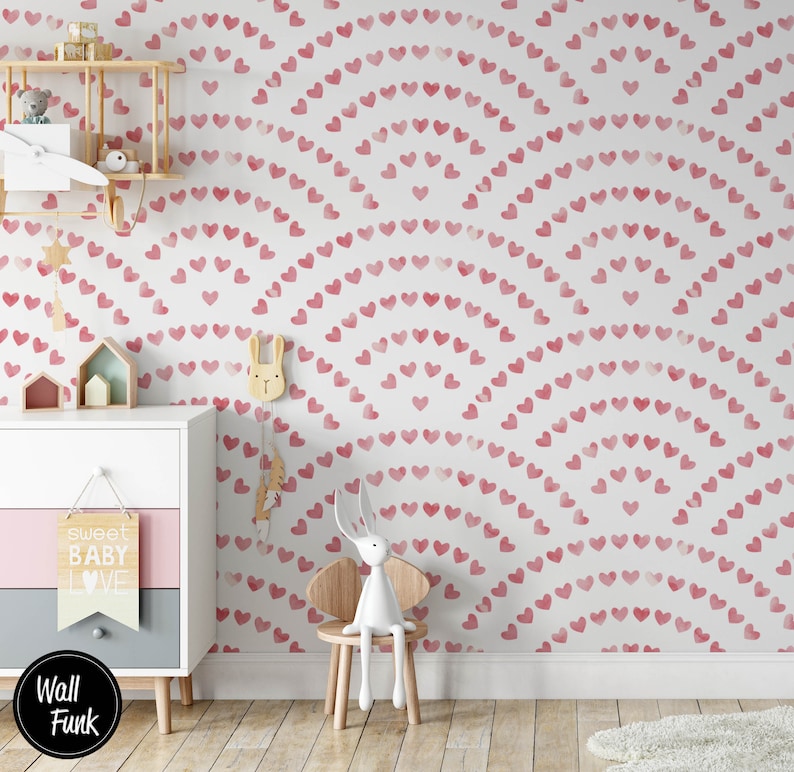 Heart Rainbow Nursery Wallpaper, Removable Temporary Stick On Wallpaper Childrens Nursery Decor, Childrens Removable Wallpaper Decor, N76 zdjęcie 1