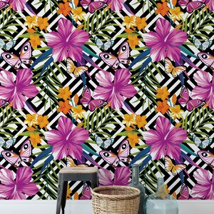 Papier peint floral amovible, bâton temporaire activé par l’eau sur papier peint Décor mural floral, papier peint amovible floral, f # 19