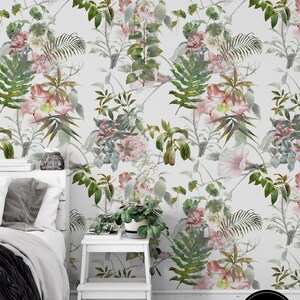 Papier peint floral amovible, bâton temporaire activé par l’eau sur le papier peint Décor mural floral, papier peint amovible floral, F # 05