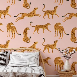 Leopard mit rosa Hintergrund im asiatischen Stil, abnehmbares Wandbild für Schlafzimmer, Büro oder Bad, einfach zu installieren!