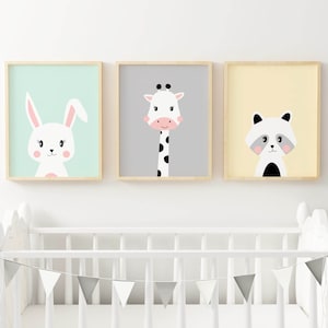 Láminas para guardería de jirafas, conejos y mapaches, imágenes decorativas para dormitorio infantil para enmarcar, juego de 3 imágenes de arte de safari con animales decorativos para guardería