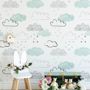 Cloud Nursery Boho Wallpaper, Boho Mural Nursery, Removable Cloud Wallpaper, Children&#39;s Nursery Wallpaper, Kid&#39;s Removable Wallpaper N#151