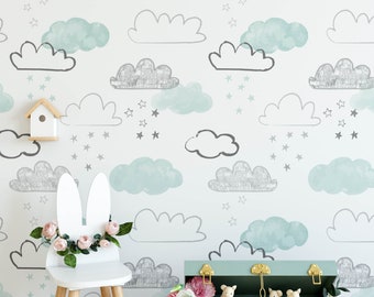 Cloud Nursery Boho Wallpaper, Boho Mural Nursery, Removable Cloud Wallpaper, Children's Nursery Wallpaper, Kid's Removable Wallpaper N#151