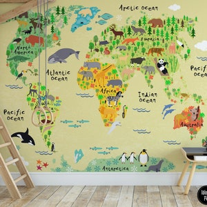 Safari Weltkarte Kinderzimmer Wandbild, Tiere Kinderzimmer Wandkunst, Baby & Kleinkind Kinderzimmer Dekor, Dschungel Tier Spielzimmer Wandbild