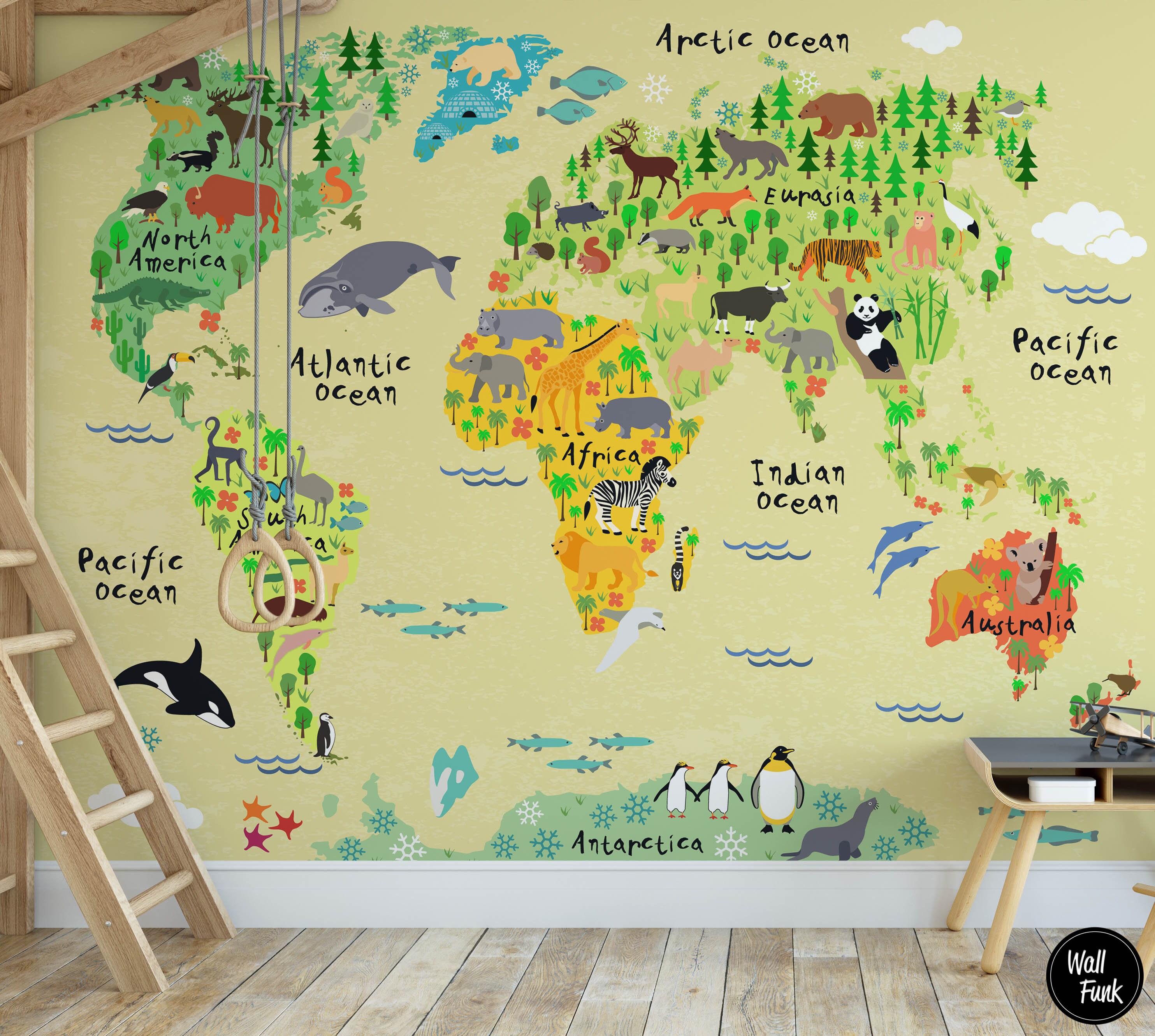 Safari World Map Children's Wallpaper Animals Kids - Etsy