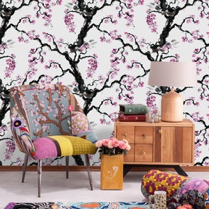 Papier peint floral Blossom, bâton amovible activé par l’eau sur papier peint, décor mural floral oriental, papier peint amovible floral F # 58