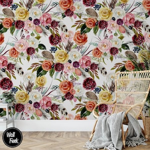 Roses Floral Wallpaper, Roses Wallpaper, Floral Wallpaper Rose, Removable Rose Wallpaper, Temporary Stick On Roses Wallpaper Mural, F#53
