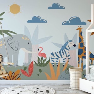 Carta da parati per bambini Safari, simpatici animali per la camera da letto dei bambini, decorazioni per neonati e bambini piccoli, murale rimovibile per la sala giochi con animali a tema giungla