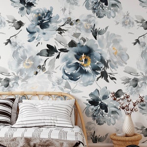 Fond d'écran floral amovible, bâton temporaire activé par l'eau sur le décor mural floral de papier peint, papier peint amovible floral, F #173