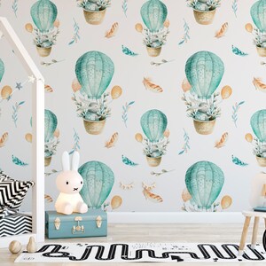 Hot Air Balloons & Rabbits Nursery Wallpaper Removable and Pre-Pasted Custom Nursery Wallpaper Mural Removable Nursery Wallpaper N55 image 1