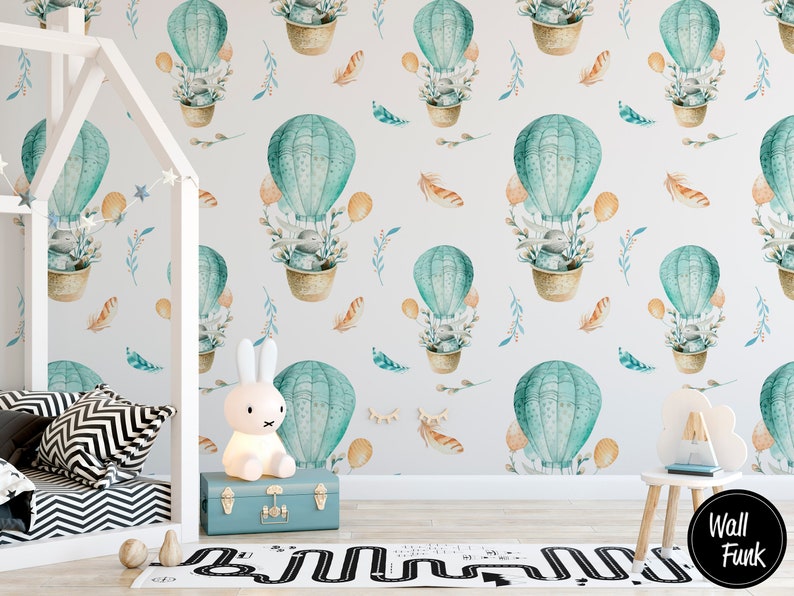 Hot Air Balloons & Rabbits Nursery Wallpaper Removable and Pre-Pasted Custom Nursery Wallpaper Mural Removable Nursery Wallpaper N55 image 1