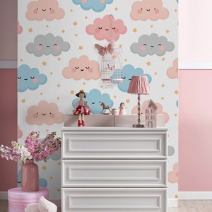 Cloud Nursery Boho Wallpaper, Boho Mural Nursery, Removable Cloud Wallpaper, Children's Nursery Wallpaper, Kid's Removable Wallpaper N#310