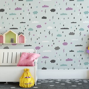 Cloud Nursery Boho Wallpaper, Boho Mural Nursery, Removable Cloud Wallpaper, Children&#39;s Nursery Wallpaper, Kid&#39;s Removable WallpaperN#278