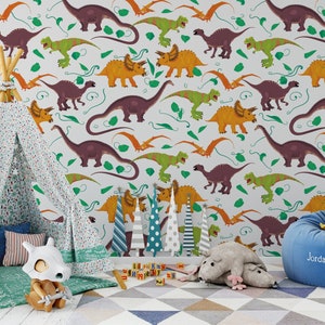Dinosaur Wallpaper, Removable Kids Wall Mural Nursery, Custom Nursery Wallpaper, Dinosaur Theme Nursery Decor, Kids Room Wallpaper N#18