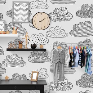 Cloud Nursery Boho Wallpaper, Boho Mural Nursery, Removable Cloud Wallpaper, Children&#39;s Nursery Wallpaper, Kid&#39;s Removable Wallpaper N#98