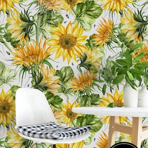 Sunflower Floral Wallpaper, Sunflower Removable Floral Wallpaper, Removable Wallpaper, Sunflowers Stick On Wallpaper, Floral Wallpaper F#24