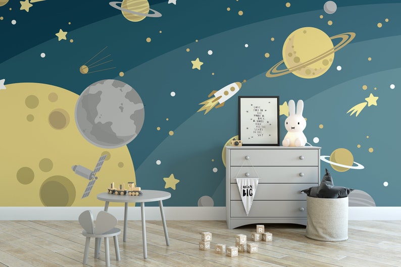 Outerspace Childrens Wallpaper Space Rocket Nursery Etsy UK