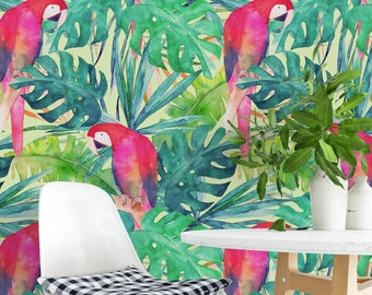 Tropical Floral Wallpaper, Birds Wallpaper, Removable Tropical Floral Wallpaper, Floral Removable Wallpaper, Birds Removable Wallpaper, F#42