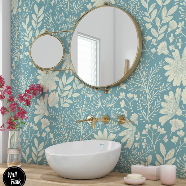 Removable Floral Wallpaper, Water Activated Temporary Stick On Wallpaper Floral Wall Decor, Floral Removable Wallpaper, F#113