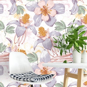 Papier peint floral amovible, Bâton temporaire activé par l’eau rétro sur papier peint Décor mural floral, Papier peint amovible floral, F # 131