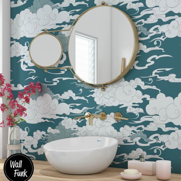 Sky Wallpaper, Removable Clouds Wallpaper, Recycled Water Activated Adhesive Wallpaper, Asian Art Removable Wallpaper Decor, AS#08