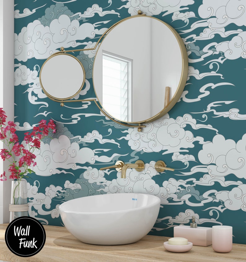 Sky Wallpaper, Removable Clouds Wallpaper, Recycled Water Activated Adhesive Wallpaper, Asian Art Removable Wallpaper Decor, AS08 image 1