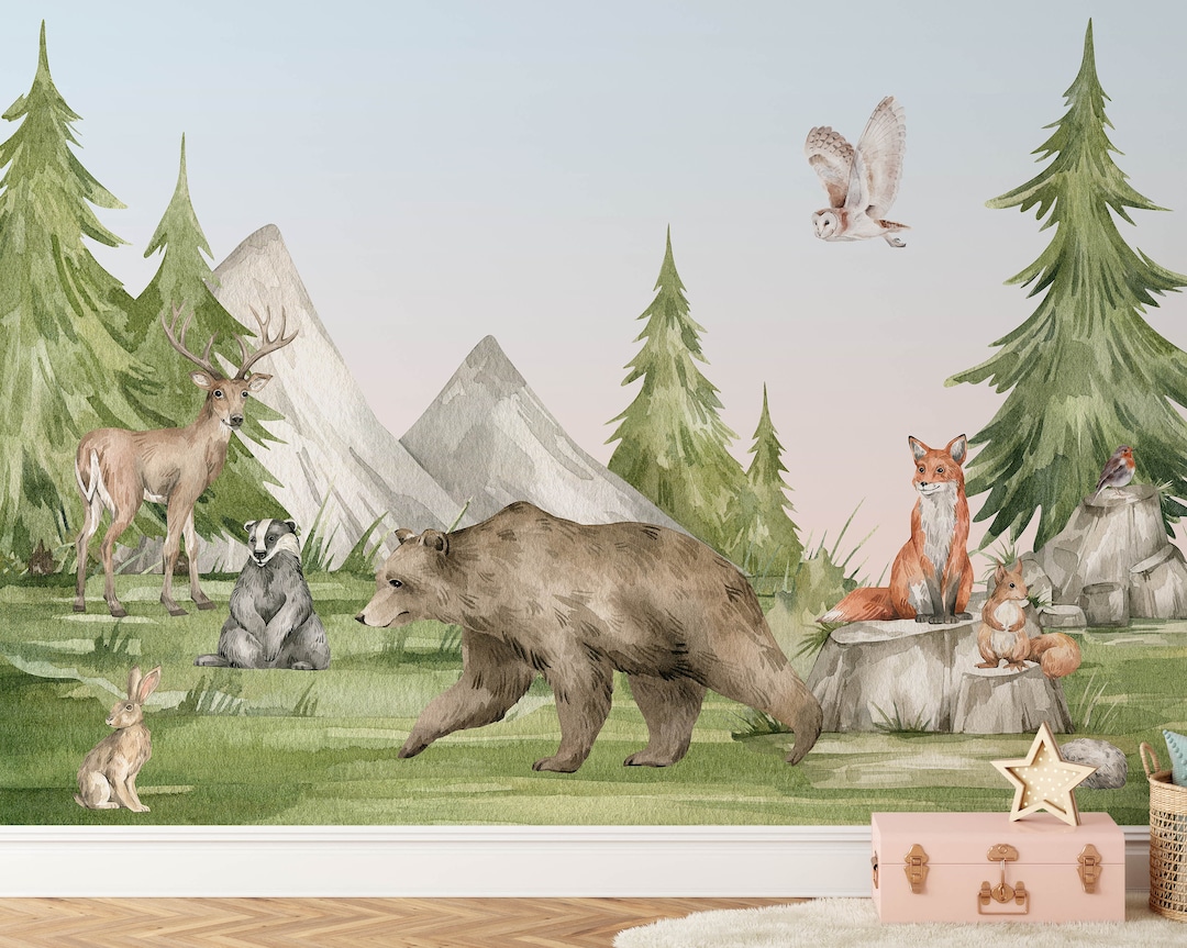 Forest Nursery Wallpaper, Woodland Theme Mural, Bear Rabbit and Fox