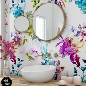 Fond d’écran floral amovible, bâton temporaire activé par l’eau arc-en-ciel sur le décor mural floral de papier peint, papier peint amovible floral, F #132