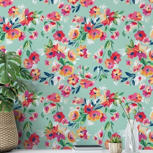 Papier peint floral amovible, bâton temporaire activé par l’eau sur papier peint Décor mural floral, papier peint floral amovible, F # 03