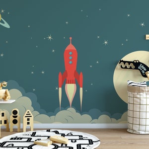 Space Rocket Wallpaper, Nursery Decor Outer Space, Carta da parati rimovibile per asilo nido, Carta da parati per asilo nido spaziale, Carta da parati per bambini N # 40