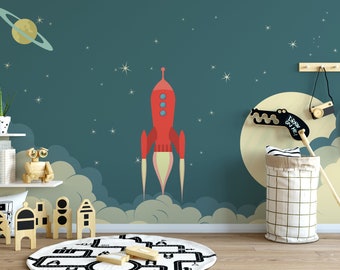 Space Rocket Wallpaper, Nursery Decor Outer Space, Removable Nursery Wallpaper, Space Nursery Wallpaper, Childrens Nursery Wallpaper N#40
