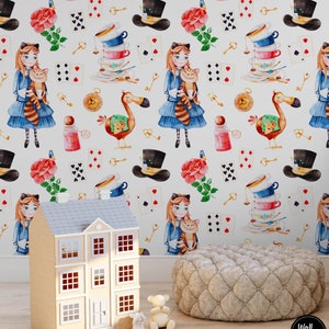 Wonderland Nursery Wallpaper, Removable Temporary Wallpaper, Children&#39;s Nursery Wallpaper, Childrens Removable Wallpaper Decor, N#301