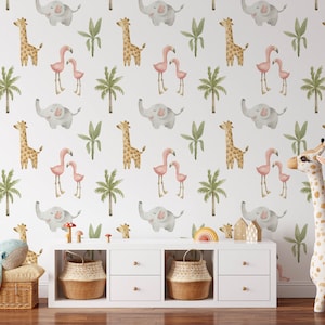 Safari Children's Wallpaper, Cute Animals Kids Bedroom Wall Art, Baby & Toddler Nursery Decor, Removable Jungle Theme Animal Playroom Mural