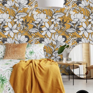 Mustard Floral Wallpaper, Removable Floral Wallpaper, Floral Wallpaper, Mustard Floral Wall Decor, Temporary Floral Removable Wallpaper F#38