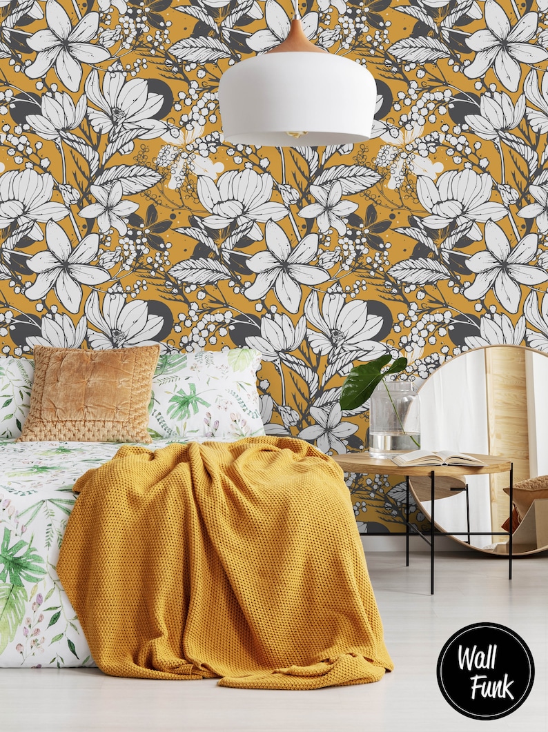 Mustard Floral Wallpaper Removable Floral Wallpaper Floral | Etsy