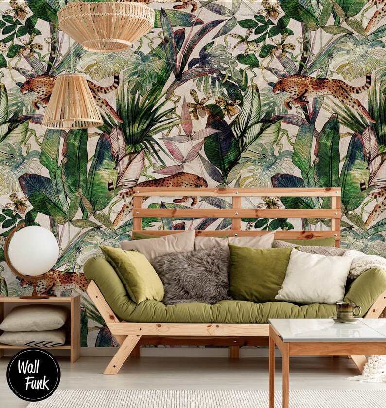 Leopard Wallpaper Floral Wallpaper Tropical Wallpaper - Etsy UK