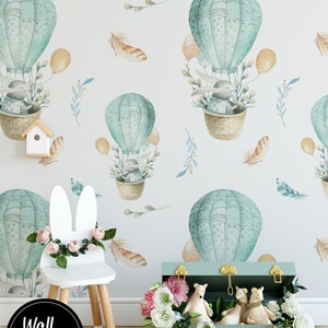 Hot Air Balloons & Rabbits Nursery Wallpaper Removable and Pre-Pasted Custom Nursery Wallpaper Mural Removable Nursery Wallpaper N55 image 3