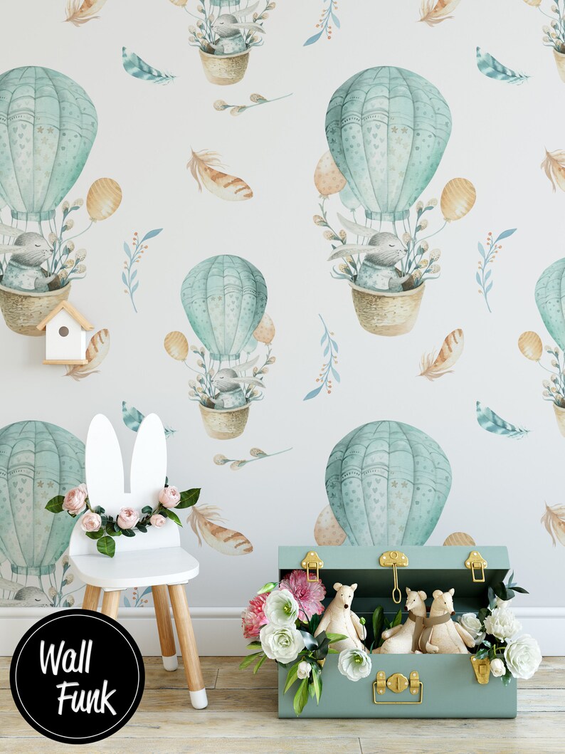 Hot Air Balloons & Rabbits Nursery Wallpaper Removable and Pre-Pasted Custom Nursery Wallpaper Mural Removable Nursery Wallpaper N55 image 3