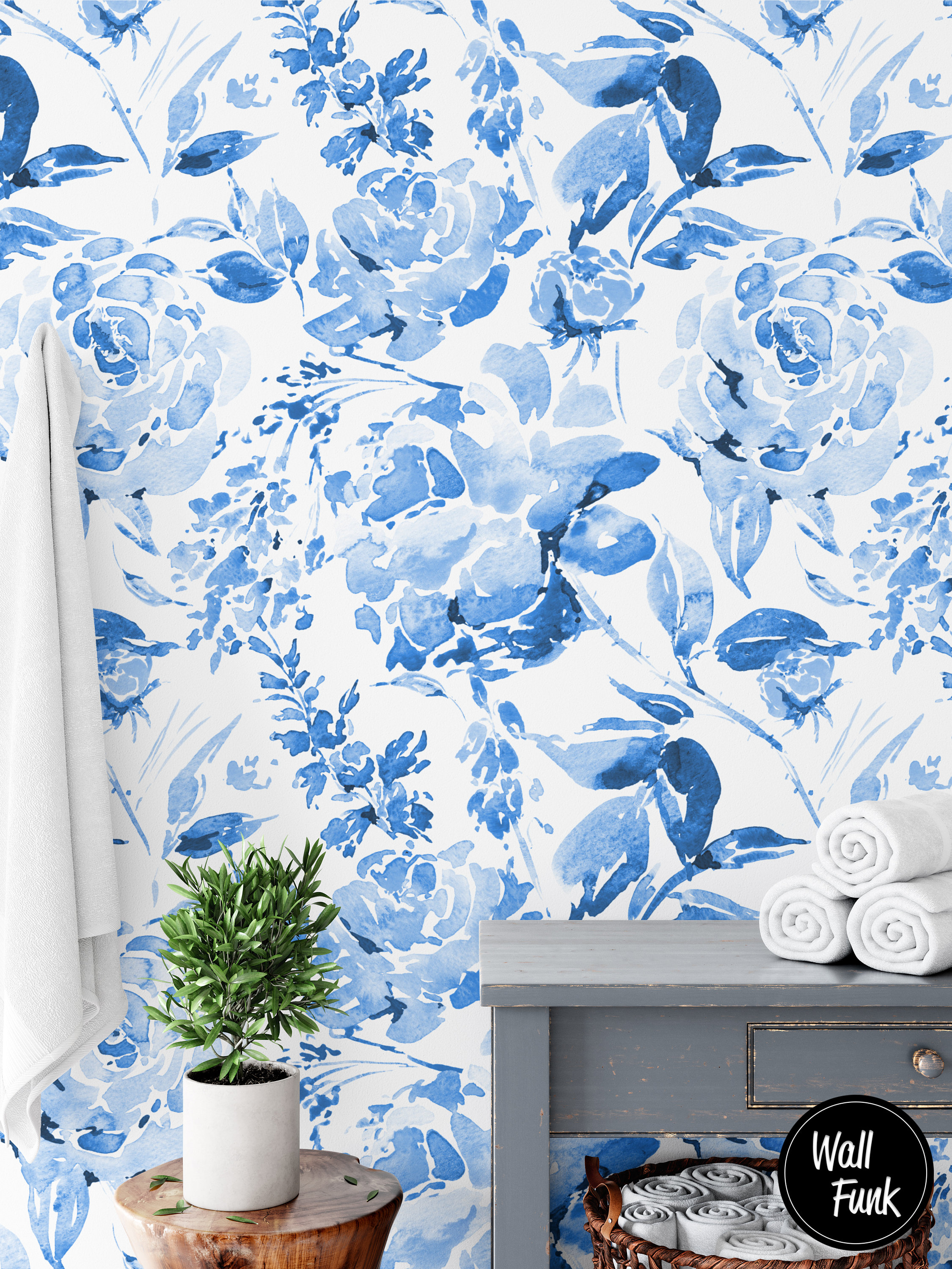 Blue floral wall paper deals